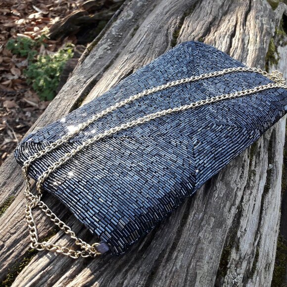 Sequin Purse Gunmetal Silver Micro Metallic Beads Softback Clutch Vintage Mini - Picture 2 of 16